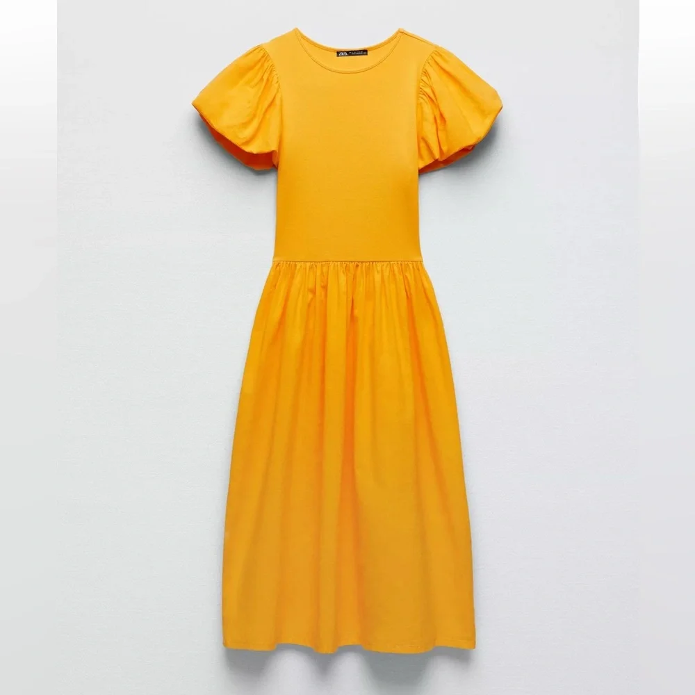 ZARA Vibrant Orange Puff Sleeve Multi-media Combination Knee Length Dress M - Picture 9 of 9